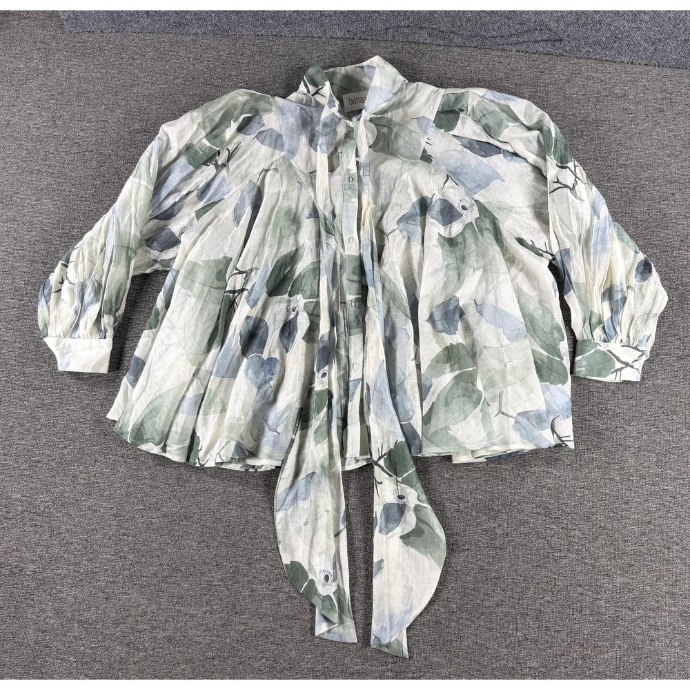 Benaar LA Blouse Womens One Size Green Floral Tie Neck Boho Tunic Shirt Top